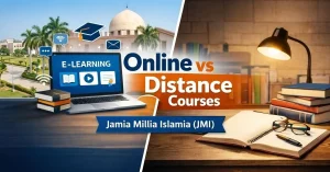 Split-screen showing online learning on laptop vs distance education books at Jamia Millia Islamia.