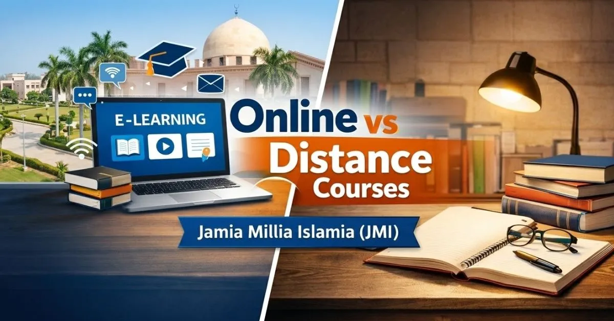 Split-screen showing online learning on laptop vs distance education books at Jamia Millia Islamia.